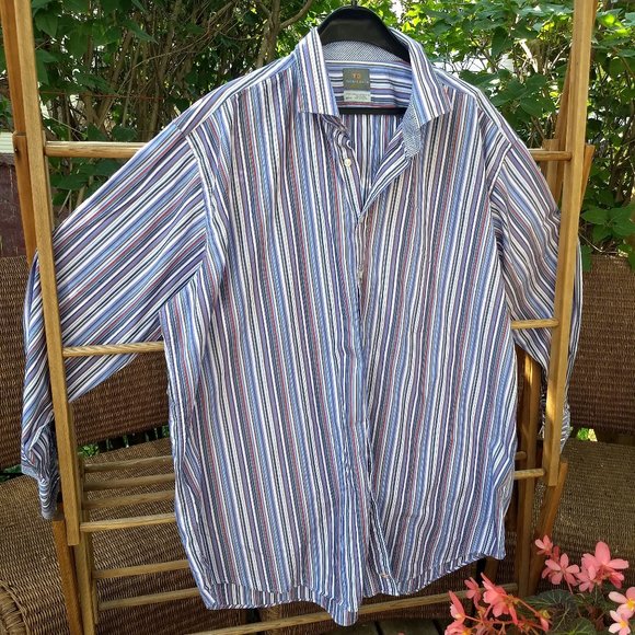 Thomas Dean blue red white stripe patterned dress shirt - Picture 1 of 9